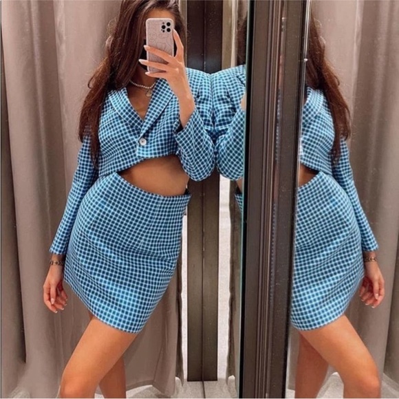 ZARA BLAZER CHECKED CROPPED LAPEL COLLAR & SKIRT - Picture 4 of 16